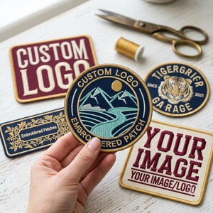 May include: A collection of embroidered patches including a circular patch featuring a mountain landscape, a sun, and the text CUSTOM LOGO EMBROIDERED PATCH. Other rectangular and circular patches display text such as CUSTOM LOGO, TIGERGRICR GARAGE, and YOUR IMAGE.