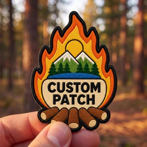 May include: An embroidered patch featuring a campfire scene with orange and yellow flames, a yellow sun, green mountains, dark green pine trees, a blue lake, and brown logs. The text CUSTOM PATCH is stitched in black on a cream background.
