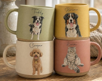 Personalized Pet Portrait Pottery Mug, Custom Photo Dog Cup, Dog Cat Lover Gifts