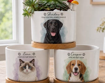 Personalized Pet Portrait Plant Pot, Custom Photo Dog Ceramic Planter Pot, Dog Cat Memorial Gifts