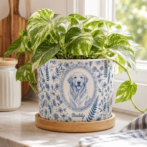 May include: A white ceramic planter with a blue floral pattern and a central oval portrait of a golden retriever. The name Buddy is printed below the portrait. The planter sits on a circular bamboo saucer and contains a trailing green pothos plant.