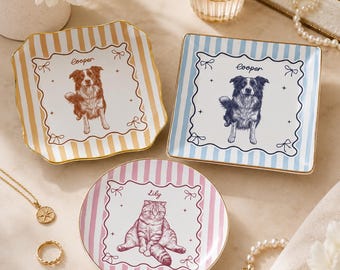 Personalized Pet Portrait Ring Dish, Custom Dog Cat Sketch Jewelry Dish, Pet Photo Trinket Tray, Pet Lover Gift, Memorial Pet Gift