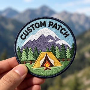 May include: A circular embroidered patch featuring a mountain landscape with a yellow tent and a campfire in the foreground. The scene includes green pine trees, a purple mountain with a white snow-capped peak, and the text CUSTOM PATCH in black.