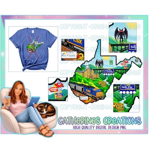 Puede incluir: Una camiseta azul con un diseño de Virginia Occidental, junto con ilustraciones de los monumentos del estado, un tren y un críptido. La imagen también incluye a una mujer con una tableta y un gato.