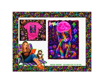 Póster temático de Lisa Frank con estampado de calico neón espeluznante (PNG de alta resolución)
