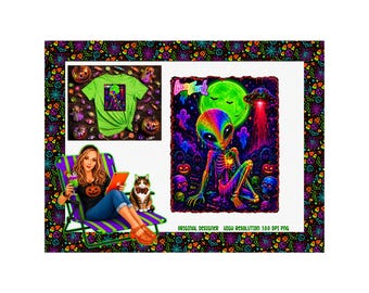 Póster temático de Lisa Frank con alienígenas espeluznantes de neón (PNG de alta resolución)