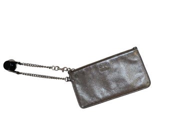 Vintage Coach Metallic Pewter Leather Chain Wristlet Pouch Silver Logo
