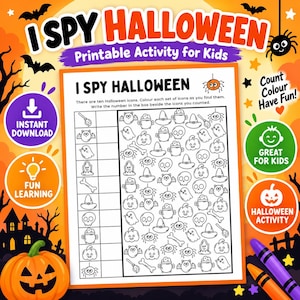 May include: An I Spy Halloween printable activity sheet for kids featuring black and white line art icons of bats, pumpkins, skulls, spiders, and cauldrons. The page includes a counting grid and instructions to color icons and write the total number.