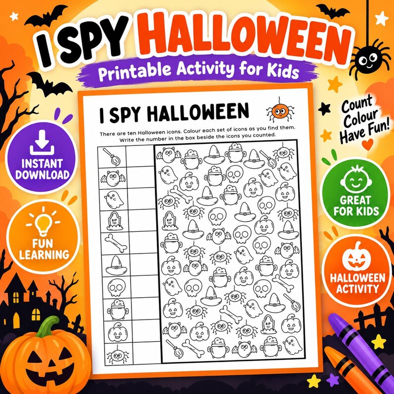 May include: An I Spy Halloween printable activity sheet for kids featuring black and white line art icons of bats, pumpkins, skulls, spiders, and cauldrons. The page includes a counting grid and instructions to color icons and write the total number.