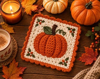 Pumpkin Granny Square Coaster Crochet Pattern, Autumn Mug Rug (PDF)