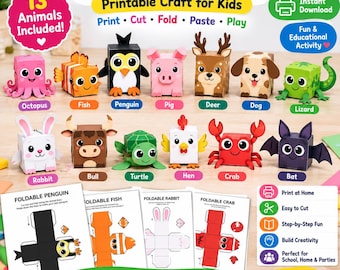 13 Animal Paper Crafts for Kids, Cut Fold Paste Activity (PDF Download)