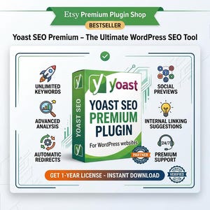 May include: A green and white box for the Yoast SEO Premium plugin for WordPress websites. The box features the Yoast logo and text. Surrounding the box are icons and labels for unlimited keywords, advanced analysis, automatic redirects, social previews, internal linking suggestions, and 24/7 premium support. A banner at the top reads Etsy Premium Plugin Shop Bestseller.