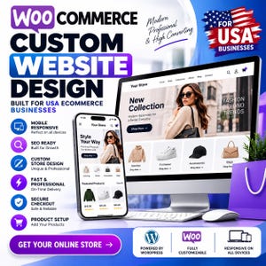 Może przedstawiać: Cyfrowa grafika marketingowa dla usług projektowania stron internetowych WooCommerce dla firm z USA. Zawiera monitor komputerowy i smartfon wyświetlający interfejs sklepu e-commerce z wyróżnionymi funkcjami responsywności.