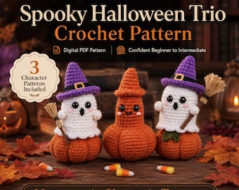 Spooky Halloween Trio Crochet Pattern PDF, Ghost Witch Amigurumi, Pumpkin Decor Bundle