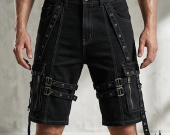 Herren Schwarz Gothic Punk Cargo Shorts: Techwear Schnalle Streetwear Gebrauch Biker Hose