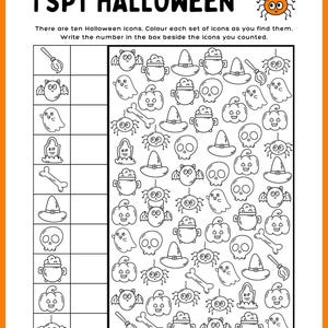 May include: A black and white I Spy Halloween activity sheet featuring the title I SPY HALLOWEEN and a grid of ten icons including a broom, bat, ghost, tombstone, bone, hat, skull, cauldron, pumpkin, and spider with empty boxes for counting.