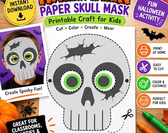 Halloween Paper Skull Mask Craft, Kids Activity, Instant Download