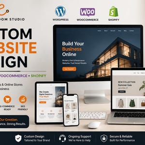 Peut inclure: Un affichage marketing numérique présentant le texte Create Loom Studio, Custom Website Design, WordPress, WooCommerce et Shopify. L'image montre un écran d'ordinateur, une tablette, un smartphone et un ordinateur portable affichant des sites.