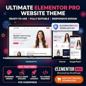 May include: A digital product display featuring a MacBook Pro, iPad Air, and Google Pixel 7 showing the Ultimate Elementor Pro Website Theme. The graphic includes text labels, key feature icons, and a button for instant digital download.