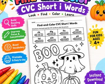 Halloween CVC Words Worksheets, Short I Phonics Activity, Kindergarten Printable, Preschool Coloring Worksheets