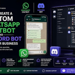 Può includere: Un annuncio digitale per Create Loom Studio che mostra uno smartphone con un'interfaccia chatbot WhatsApp e un monitor di computer con un server Discord. La grafica include icone verdi e viola, testo e descrizioni dei servizi offerti.