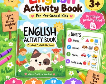 Preschool English Activity Book Printable, Kids Learning Worksheets, Shapes Animals Vehicles Food PDF