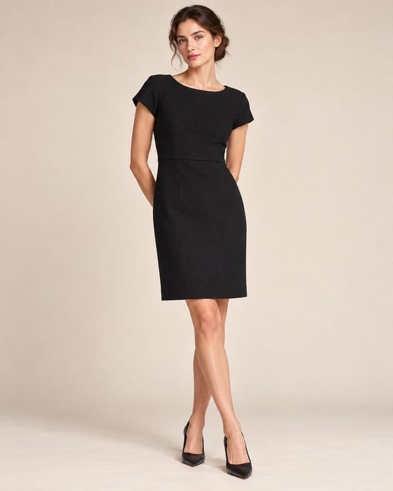 Jean Muir, Vintage Jean Muir Black Wool Crepe Dress, 1980s British Designer LBD, Made in England, UK 8 US 6