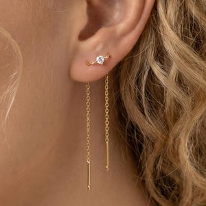 18k gold  Double Chain Drop Earrings, CZ Threader Dangle Earrings, Minimalist Long Tassel Earrings, Gift for Her