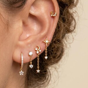 18K Gold Filled 5pcs Earrings Set CZ Star Moon Chain Drop Studs Dainty Ear Stack Cartilage Helix Minimalist Celestial Jewelry Gift for Her