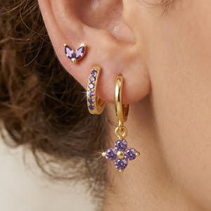 Purple Flower Earring Set, 18K Gold Filled Huggies, Amethyst Floral Dangle, Dainty Earring Stack, Multi Piercing Set, Purple Crystal Gift