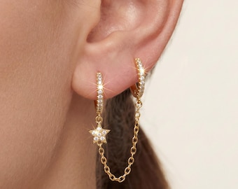 Dainty 18K Gold Filled Chain Hoop Earrings, Star Charm Huggie Earrings, Minimalist CZ Hoop, Double Piercing Dangle, Gift for Her