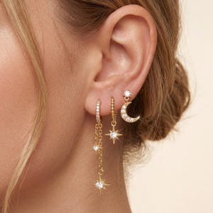 18K Gold Filled Star Moon Huggie Earrings Set, CZ Hoop Stud Chain Dangle Earrings, Dainty Celestial Cartilage Stackable Jewelry Gift for Her