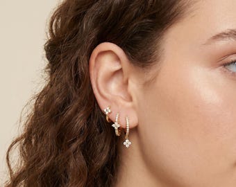 18K Gold Filled Huggie-oorbellen set 3st CZ Flower Drop Hoop sierlijke kleine hoepel kraakbeen Helix minimalistische sieraden cadeau voor haar
