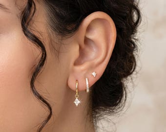 Kite oorbellen set, 18K gold filled knuffels, ruitvorm bungelringen, geometrische stapel oorbellen, multi piercing set, cadeau voor haar, sierlijk
