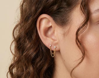 18K Gold Filled Chain Drop Oorbellen CZ sierlijke ketting oorbellen dubbele piercing minimalistische kraakbeen Helix sieraden cadeau voor haar