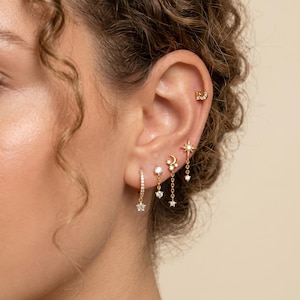 Conjunto de 5 pendientes de oro laminado de 18 quilates con circonitas cúbicas en forma de estrella y luna, colgantes, delicados, para cartílago y hélix, joyería minimalista celestial, regalo para ella.
