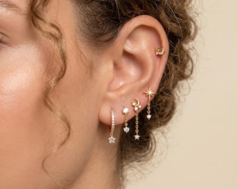 18K Gold Filled 5pcs Earrings Set CZ Star Moon Chain Drop Studs Dainty Ear Stack Cartilage Helix Minimalist Celestial Jewelry Gift for Her