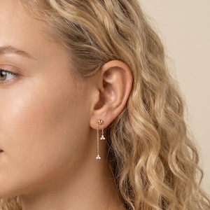 18K Gold Filled Doppelketten Ohrringe, Zierliche CZ Blumen Ohrstecker, Minimalistischer Goldschmuck, Geschenk für Sie