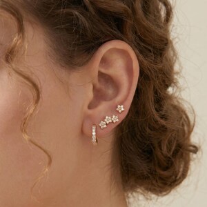 925 Sterling Silver 3-Piece Ear Stack Set, CZ Flower Studs, Pavé Huggie Hoop, Minimalist Everyday Curated Earrings