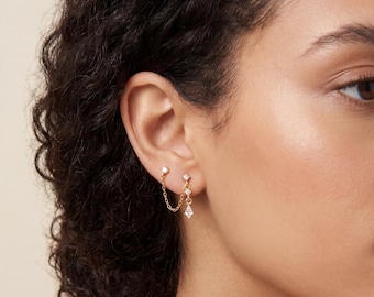 18K Gold gefüllt Doppel-Piercing Ohrring, Zwei-Loch Kettenohrring, CZ Bolzen zu Bolzen Kette, Knorpel Kettenohrring, zierlicher Minimalist Schmuck