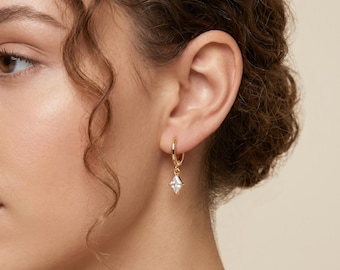 18K Gold Filled CZ Huggie Hoop Earrings Pair Square Drop Dangle Hoops Dainty Minimalist Cartilage Helix Gift for Her