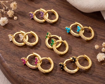 18K gold filled knuffeloorbellen, sierlijke bloem kleine hoepels, kleurrijke CZ effenen kraakbeenoorbel, minimalistische sieraden cadeau voor haar