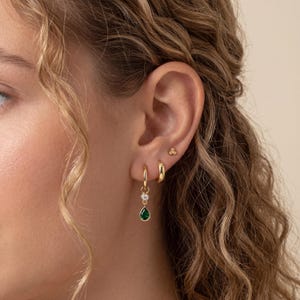 925 Sterling Silver Gold Plated Ear Stack Set, CZ Stud Earrings, Minimal Hoop Huggies, Green Crystal Teardrop Dangle Earrings, Gift for Her