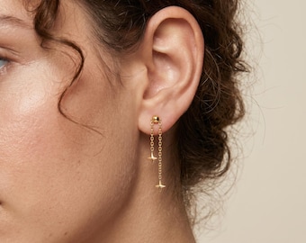 18 kt gold filled sterhangeroorbellen | Sierlijke oorbellen met dubbele ketting | Hemelse sieraden | Minimalistische schroefstekers | Cadeau voor haar