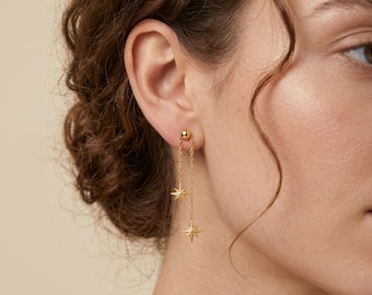 18 kt gold filled Starburst-hangoorbellen | Dubbele kettingstekers | North Star Celestial-sieraden | Minimalistische schroefbodem | Cadeau voor haar