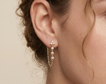 18K gold filled oorbellen van voor naar achter | Sierlijk CZ-jack met kettingoorbellen | Kristallen druppelstekers met ketting | Elegante bruidssieraden | Cadeau voor haar