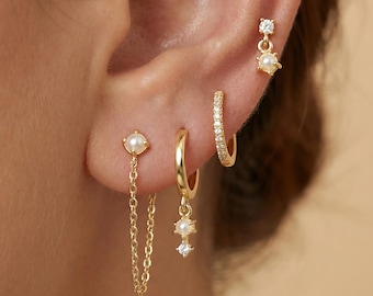 18K Gold gefüllte Huggie Ohrringe Set, CZ Hoop Bolzen Kette baumeln Ohrringe, zierlicher stapelbarer Knorpelschmuck, Geschenk für sie