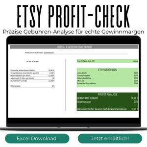 Puede incluir: Una pantalla de portátil muestra una herramienta de análisis de beneficios de Etsy. La pantalla muestra desgloses de costos, tarifas de Etsy y márgenes de beneficio. El texto "ETSY PROFIT-CHECK" está en la parte superior. Dos botones verdes en la parte inferior: "Excel Download" y "Jetzt erhältlich!"