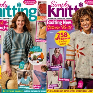 May include: Two issues of Simply Knitting magazine featuring various knitwear designs. The left cover shows a blue and grey striped sweater, while the right cover displays a beige sweater with a red and orange floral pattern and text.