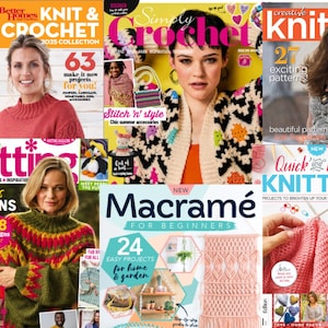 Pode incluir: Uma coleção de revistas de tricô e crochê. Os títulos incluem "Better Homes & Crochet 2025 Collection", "Simply Crochet", "Creative Knitting", "Simply Knitting", "Macramé for Beginners" e "Quick & Easy Knitting". As capas apresentam projetos coloridos.